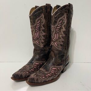 Women’s Brown Pink Embroidered Winged Reyme Western Boots